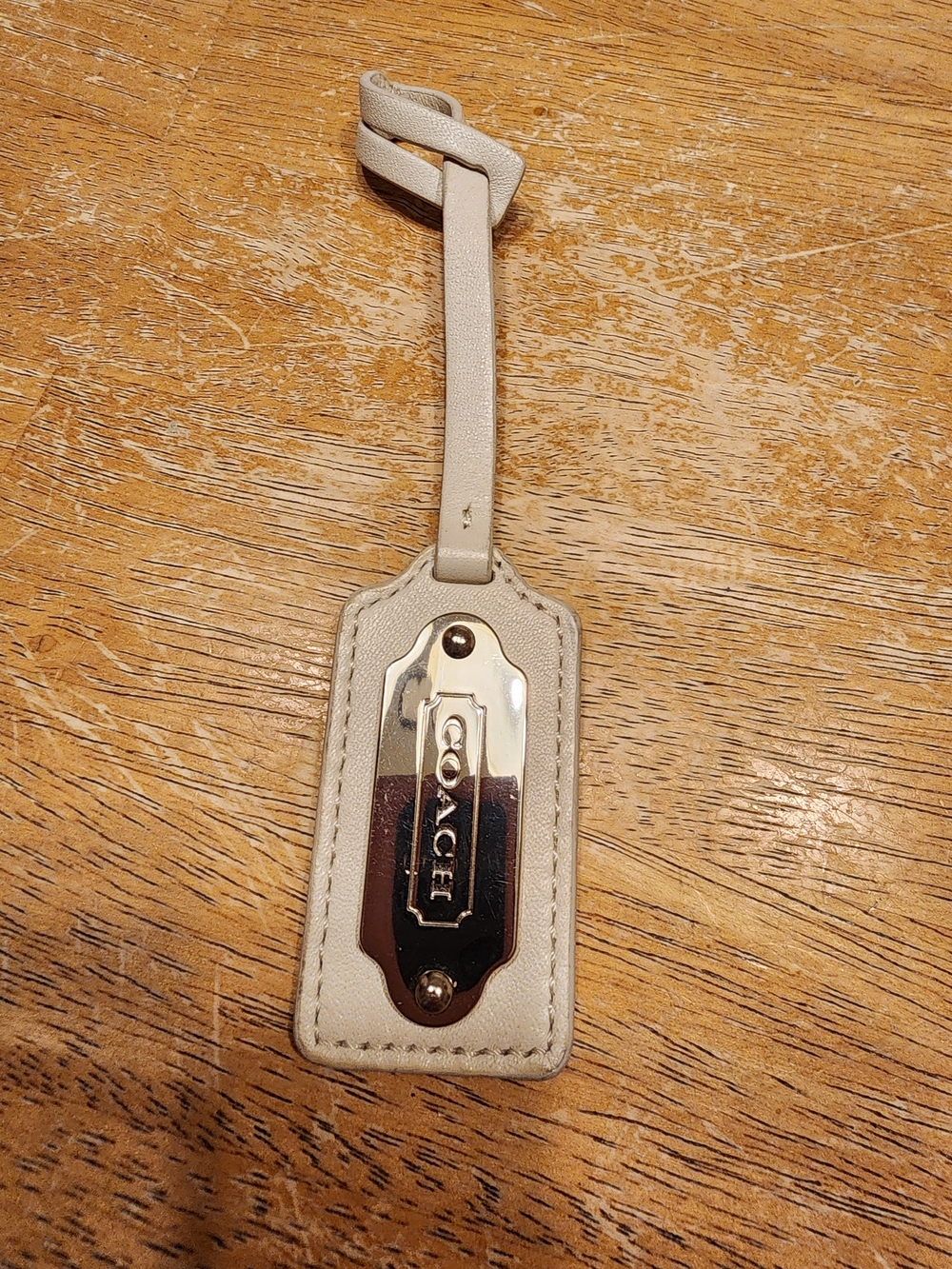 Coach Leather Key Fob Bag Charm Keychain Hang Tag featuring a silver-tone metal